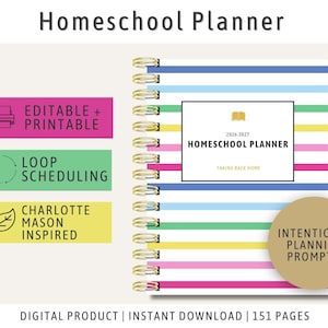 Könnte beinhalten: Homeschool Planner mit Spiralbindung. Das Cover zeigt horizontale Streifen in Blau, Pink, Gelb und Grün. Der Text enthält "Homeschool Planner", "Editable + Printable", "Loop Scheduling" und "Charlotte Mason Inspired". Der Planer ist für 2026-2027.
