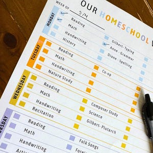 May include: A white paper homeschool weekly planner sheet with colorful headers and checkboxes. The text reads OUR HOMESCHOOL WEEK, WEEK OF 5/4, and lists subjects like Reading, Math, Handwriting, History, and specific student tasks. A black pen rests on the side.