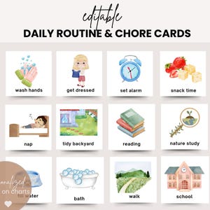 Schede modificabili per la routine quotidiana dei bambini / Tabella visiva per i bambini piccoli / Elenco di controllo delle faccende per bambini / Attività prescolare Montessori