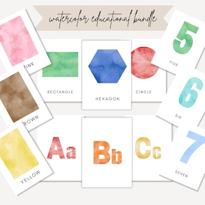 Bundel regenboog aquarel vormen Flashcards, voorschoolse vorm, educatieve kaart voorschoolse activiteit, Montessori leren afdrukbaar, thuisonderwijs