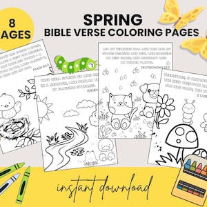 Puede incluir: Ocho páginas para colorear en blanco y negro con temas primaverales y versículos bíblicos. Las páginas presentan un pájaro en un nido, un arroyo, un gato, un perro, un hongo, una mariquita y una mariposa. El texto en las páginas incluye versículos de los Salmos, Isaías, Deuteronomio y 2 Corintios.