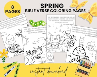 May include: Eight black and white coloring pages with spring themes and bible verses. The pages feature a bird in a nest, a stream, a cat, a dog, a mushroom, a ladybug, and a butterfly. The text on the pages includes verses from Psalms, Isaiah, Deuteronomy, and 2 Corinthians.