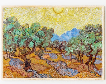 May include: A painting of a landscape with olive trees in the foreground and a sun in the sky. The trees are painted in a vibrant green and yellow, with a blue sky in the background. The painting is done in a style reminiscent of Vincent van Gogh.