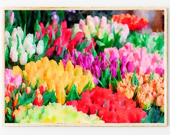 Flower Market Print, Spring Colors Tulips Landscape Painting Print, Flowers Home Decor Art Print, Florals Watercolor Modern Wall Art, Gifts