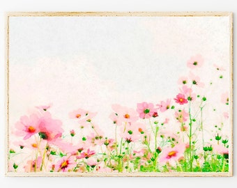 Roze wilde bloemen veld schilderij print, roze bloemen muur decor, lentebloemen Home decor Art Print, aquarel moderne muurkunst, geschenken
