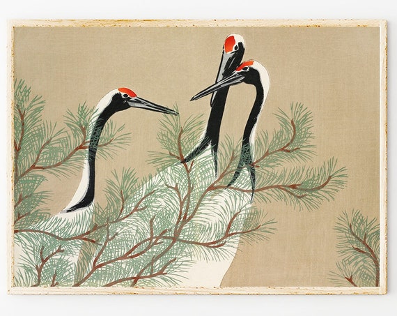 Japanese Art Wall Decor, Kamisaka Sekka Woodblock Painting Print, Japanese Cranes Prints, Cranes from Momoyogusa, Graphic Wall Art Prints