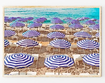 Coastal Wall Decor, Blue White Beach Umbrellas Painting Prints, Italy Watercolor Achival Art Print, Gallery Wall Decor, Watercolor Paintings