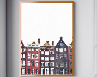 Amsterdam Wall Art, Amsterdam Canal Houses Watercolor Print, Netherlands Travel Wall Decor Prints, Europe Travel Vintage Style Prints, Dutch