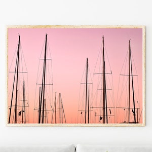 Pink Sky Sunset Sailboats Print – Coastal Boat Art, Pastel Nautical Decor for Beach House, Nursery & Office + 300 DPI Digital File Option