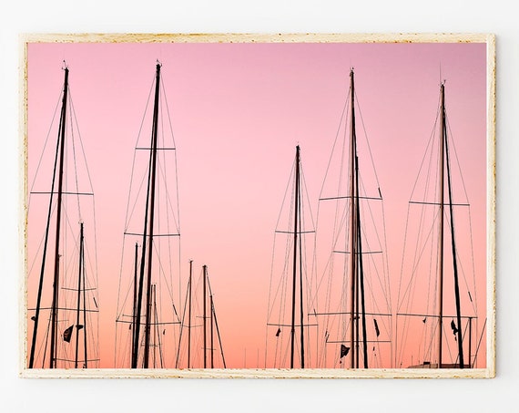 Pink Sky Sunset Sailboats Art Photography Print, Pastel Tones Photography, Modern Wall Decor, Minimalist Photography Prints, Gifts