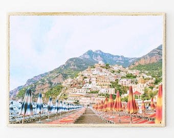 Côte amalfitaine impression d'art mural photo Positano Beach Club, Italie voyage photographie décoration moderne, impression d'art mural Pic photographie côtière