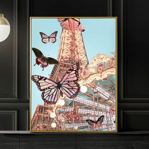 Whimsical Paris Art – Eiffel Tower & Carousel with Butterflies, Kids Bedroom or Nursery Decor, Archival Photography Print