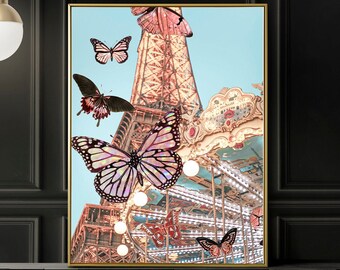 Grillige Parijse kunst – Eiffeltoren en carrousel met vlinders, decoratie kinderkamer of kinderkamer, archieffotografieprint