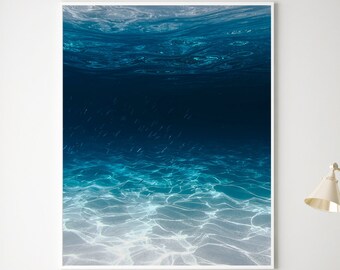 Ombre Island Coast Wall Art Prints Tropical Beach Underwater Fish Photograph, Minimalist Sand Waves Modern Decor Art Prints Photography