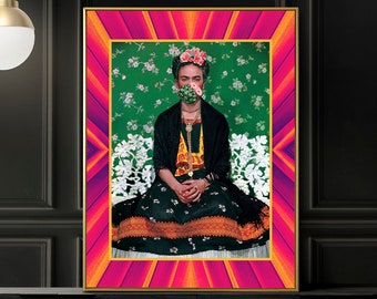 Impressions d'art Frida Khalo, collage d'impression d'art de fleurs de Frida, impression murale de Frida, Frida avec une fleur de cactus, décoration murale de galerie, impression d'art vintage