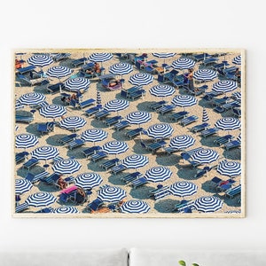 Beach Umbrellas Coast Print Photograph, Coastal Italy Travel Photography Modern Decor Blue White Art Prints, Wall Art Umbrella Coastal Print