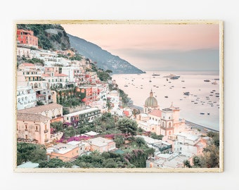 Positano Sunrise Wall Art – Coastal Italy Photography Print in Soft Pastels, Amalfi Coast Travel Decor for Home or Office