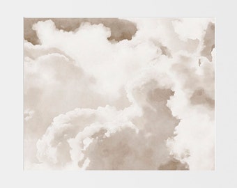 Minimalist Art Neutral Sepia Sky Clouds Watercolor Painting Print, Minimal Modern Landscape Wall Decor, Soft Clouds Painting