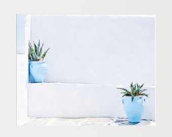 White Wall Art, Minimalist Art Prints, Modern Wall Decor Prints, Greece Architecture Prints, Neutral White Wall with Plants Painting Print