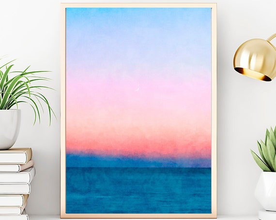 Ombre Moonrise Sunset Painting, Watercolor Print, Modern Wall Decor, Sunset Pink Blue Sky Painting Achival Art Print, Gallery Wall Decor
