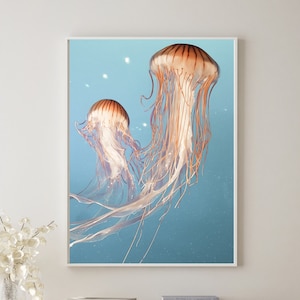 Coastal Wall Art Prints Tropical Beach Underwater Jellyfish Photograph, Minimalist Sand Waves Modern Decor Art Prints Photography