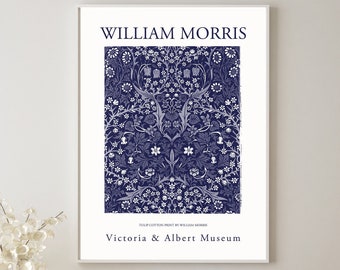 William Morris Poster, Navy Blue Art Print Exhibition Poster Wall Decor, Tulip Pattern Arts Prints Vintage Design, Tulip Floral, Tulips