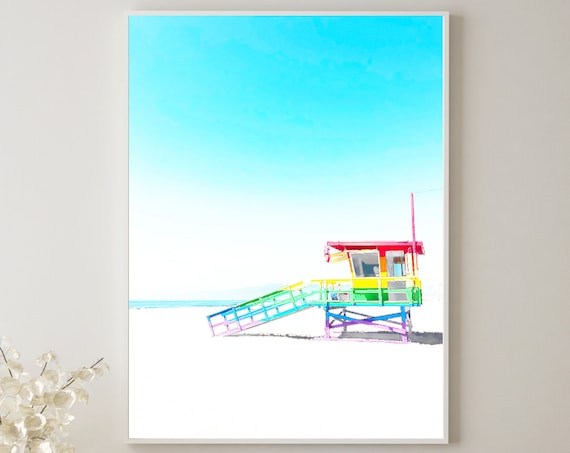Venice Beach Rainbow Pride Lifeguard Tower Poster, Light and Bright Colors Poster, Modern Decor Art Prints