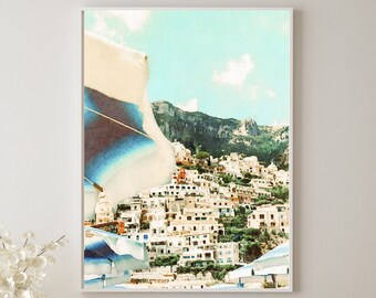Amalfi Coast Painting Print, Coastal Italy Wall Decor, Positano Beach Umbrellas Watercolor Painting, Gallery Wall Decor, Watercolor Prints