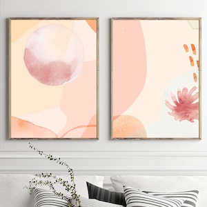 Abstract Wall Art Set of 2 Pink Peach Watercolor Diptych Print Light Ethereal Whimsical Modern Art Decor Archival Quality Living Room Decor