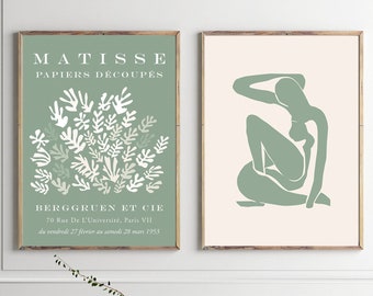 Matisse Modern Diptych Wall Art Set, Sage Green or Navy Blue Matisse Two Set Prints, Floral Nature Wall Decor, Two Art Prints