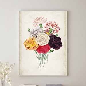 Impressão de arte floral vintage, impressão de desenho de flor de cravos, arte de parede de decoração floral botânica de arquivo, impressões de ilustração de Charles Dessalines