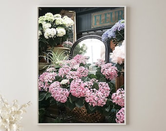 Fotografia di Parigi, Ortensie di Parigi vintage, Stampe di viaggio di Parigi, Arte murale floreale naturale, Decorazione murale moderna francese, Immagine del negozio di fiori di Parigi