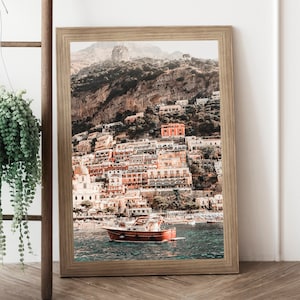 Italy Travel Photography Modern Decor Print, Positano Classic Boat Amalfi Coast Wall Art Photograph, Italian Coastal Water Photography Art