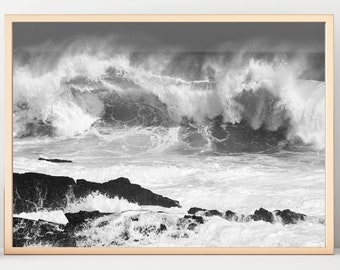 Minimalist Wall Art Photo, Black White Ocean Waves Spray, Neutral White Grey Tones Photograph, Coastal Modern Decor Art Prints Photography