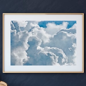 Ätherischer blauer Himmel Wolken Aquarell Malerei Druck, moderne Landschaft Wanddekoration, weiche Wolken Malerei Achival Kunstdruck, Galerie Wanddekoration
