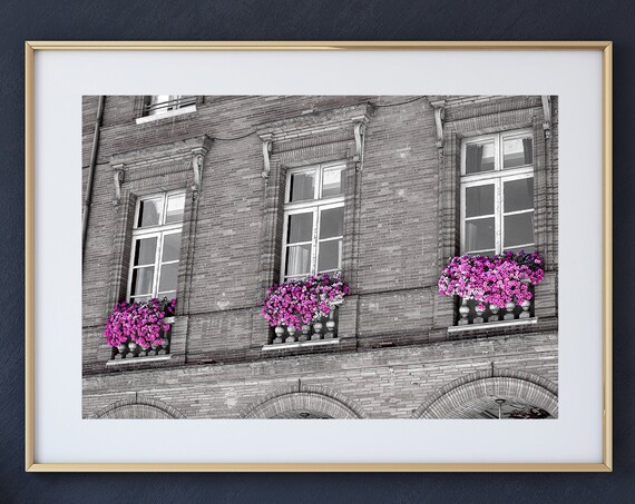South of France Black and White Photograph, Brick Building Pink Flowers Wall Art Photography, South of France Photos, Cote d'Azur Wall Decor