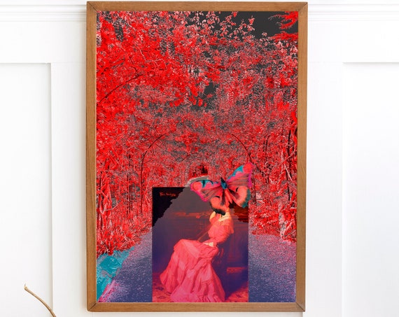 Classic Archival Art Print Red Colors, Timeless Gallery Wall Decor, Abstract Floral Layers Woman Giclee Prints Vintage Flowers Lady