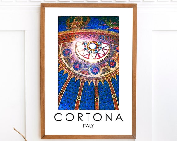 Italy Travel Archival Print, Graphic Wall Decor Arts, Photography Cortona Tuscany Stained Glass Church Illustration Art Prints