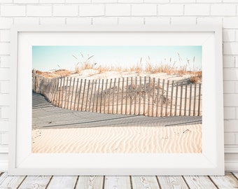 Hamptons Fence Pale Beach Tones Sand Dunes Archival Photograph, East Coast Modern Decor Art Prints Photography, Hamptons Beach