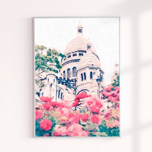 Paris Painting Print, Paris Wall Art, Sacre Coeur Travel Prints, Paris Flowers Photograph Wall Decor, France Painting