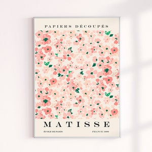 May include: A framed print of a floral design with pink flowers and green leaves on a white background. The text "PAPIERS D&Eacute;COUP&Eacute;S" is at the top of the print, and the text "MATISSE" is at the bottom. The text "&Eacute;COLE DE PARIS" and "FRANCE 1900" are also at the bottom of the print.