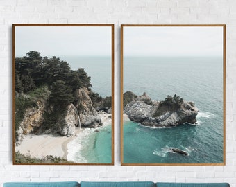 Big Sur Diptych Coastal Wall Art Set of 2 Waterfall Beach Prints, California Coast Prints, Nature Wall Decor, 2 Ocean Photography Prints