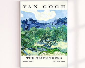 May include: A framed print of a painting by Vincent van Gogh titled "The Olive Trees". The painting depicts a landscape with olive trees in shades of green, blue, and yellow. The text "VAN GOGH" is at the top of the print, and the text "THE OLIVE TREES" is at the bottom. The text "SAINT REMY" and "FRANCE 1889" are also included.