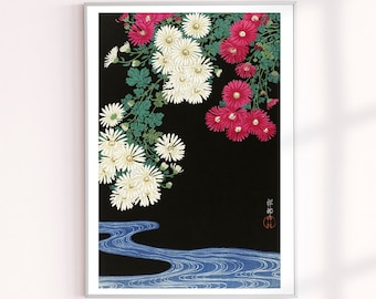 Ohara Koson Chrysanthemums Painting Print, Japanese Prints, Chrysanthemums Wall Decor, Floral Botanical Wall Art, Watercolor Painting Prints