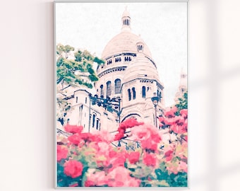 Paris Painting Print, Paris Wall Art, Sacre Coeur Travel Prints, Paris Flowers Photograph Wall Decor, France Painting