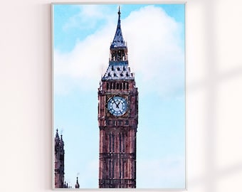 London Big Ben aquarelprint of digitale download, UK landmark kunst aan de muur, Britse architectuur, reisdecor, archivering Fine Art, London Art