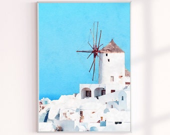 Coastal Wall Decor, Santorini Greece Windmill Watercolor Painting Prints, Achival Art Print, Gallery Wall Decor, Giclee Prints Vintage