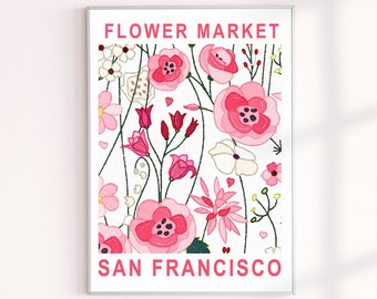 Flower Market San Francisco Poster, Pink Flower Market Wall Decor Prints, Floral Wall Decor Art Print, Cali Travel Images, Flower Markets