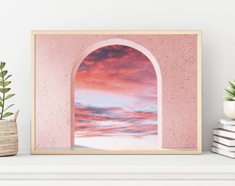 Foto de arte de pared de arco de cielo rosa, fotografía de archivo de tonos rosa pastel, fotografía de impresiones de arte de decoración moderna de puesta de sol costera