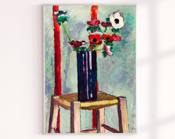 Anenmones Flowers on Chair Print, Classic Art Archival Print, Still Life Wall Decor, Henry Lyman Sayen Painting Giclee Prints Vintage Design